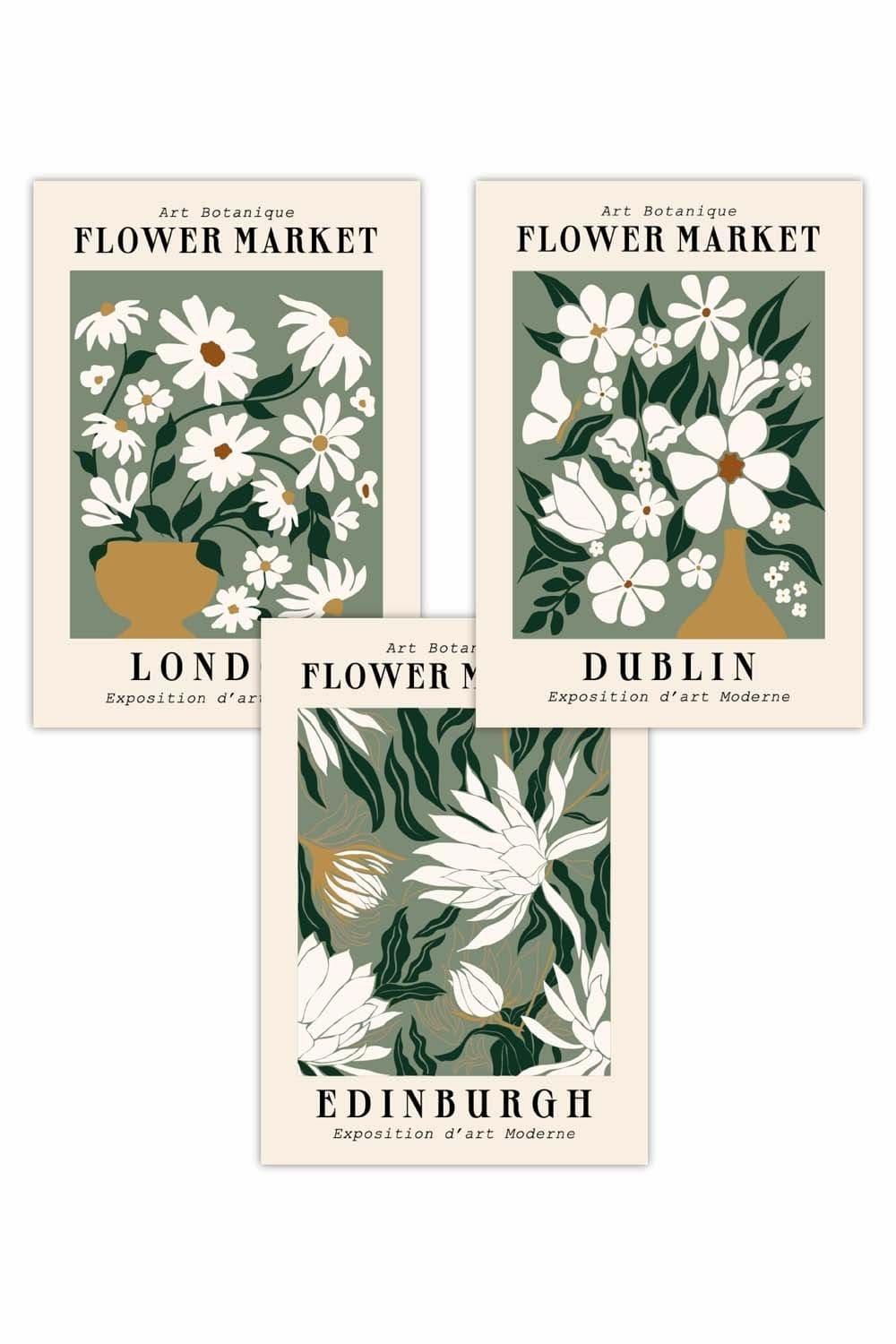 Set of 3 Green Flower Market London Edinburgh Dublin Art Posters